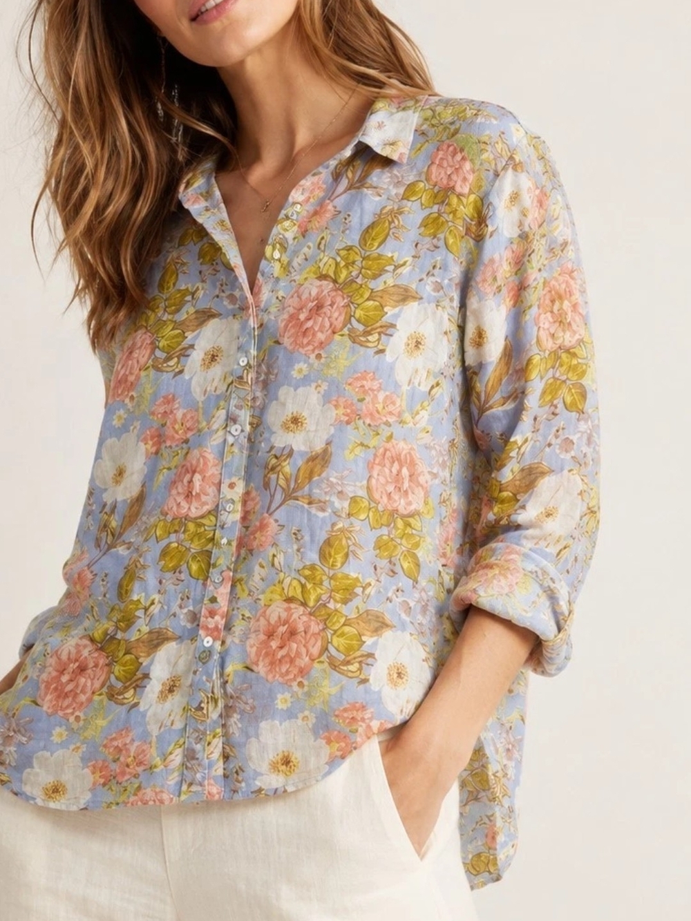Joie Blue Floral Button-Down Shirt with Pink Roses